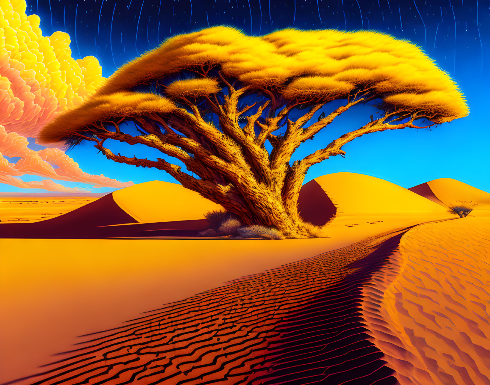 Colorful digital art: Whimsical tree with golden canopy against desert backdrop