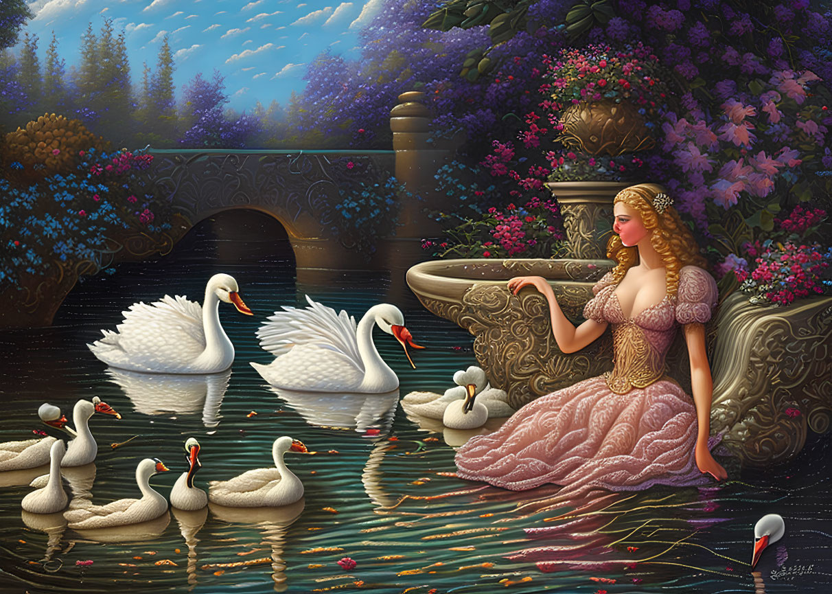 Tranquil woman in pink dress by pond with swans and lush flora