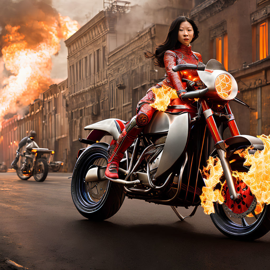Woman in red & silver armored suit on flaming motorcycle in urban scene with explosion.