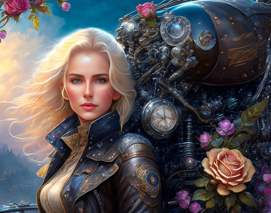 Blonde-haired woman beside steampunk mechanical structure with gears, roses, clock