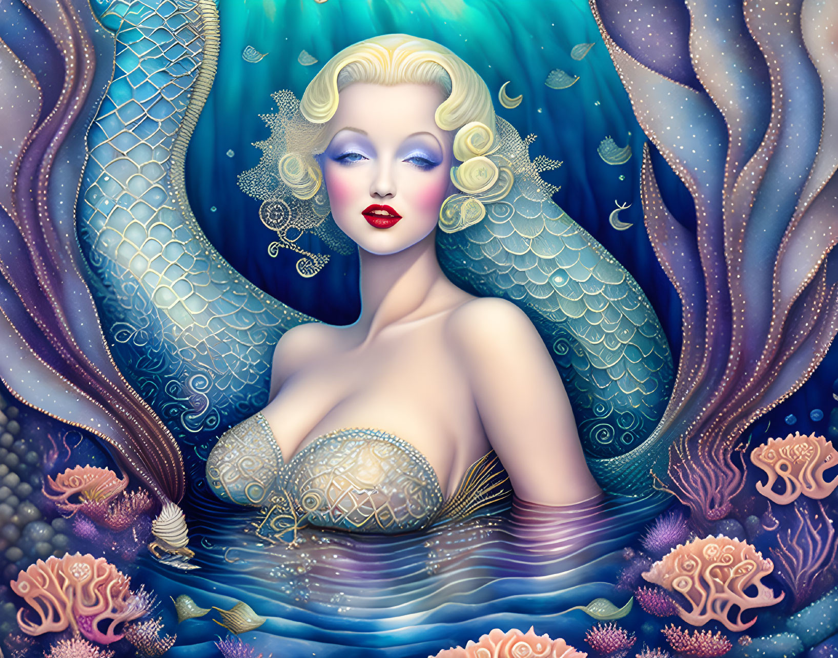 Mermaid illustration with blue hair, pearl bra, coral, and ocean motifs in art deco style