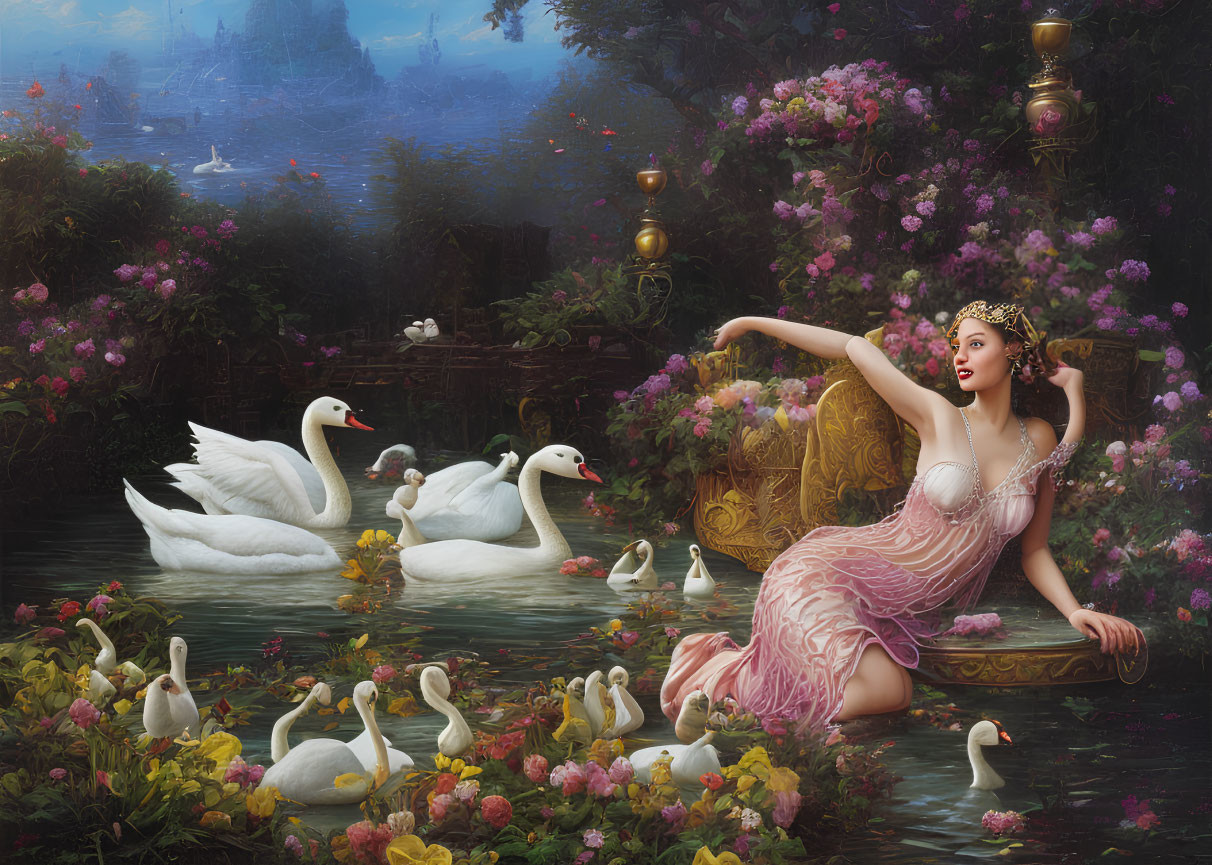 Woman in flowing dress by pond with swans and lush flowers.