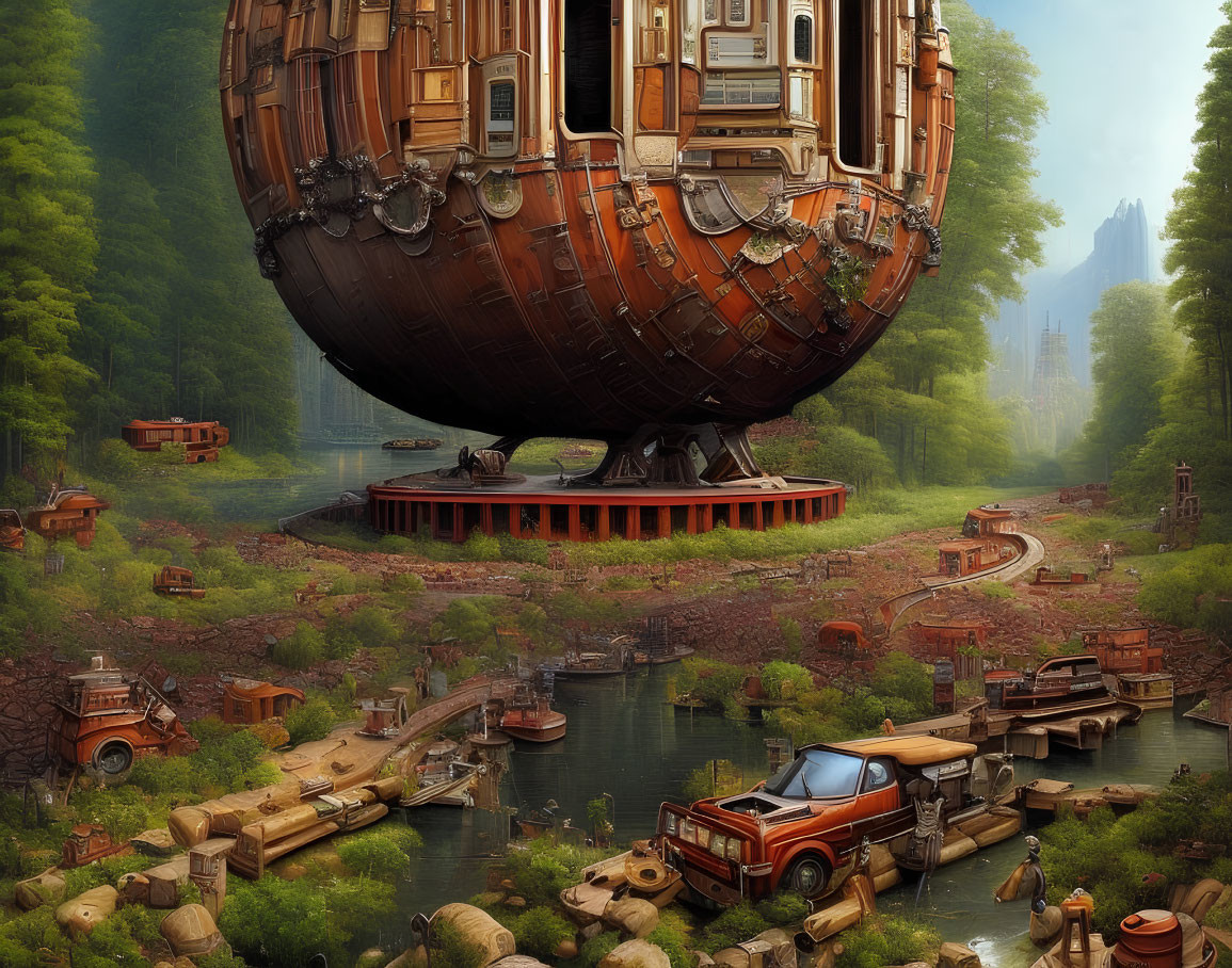 Futuristic spherical structure in post-apocalyptic setting