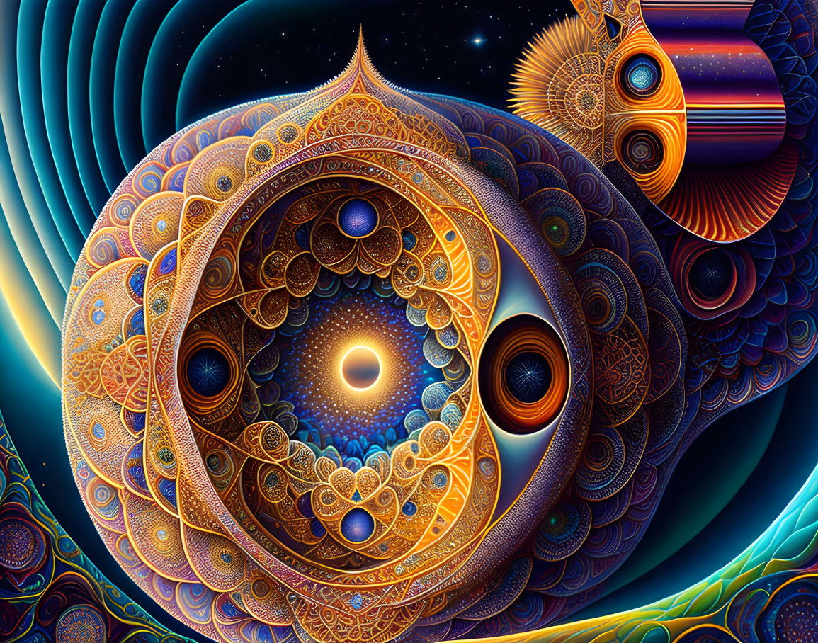 Colorful digital artwork with mandala designs and cosmic elements