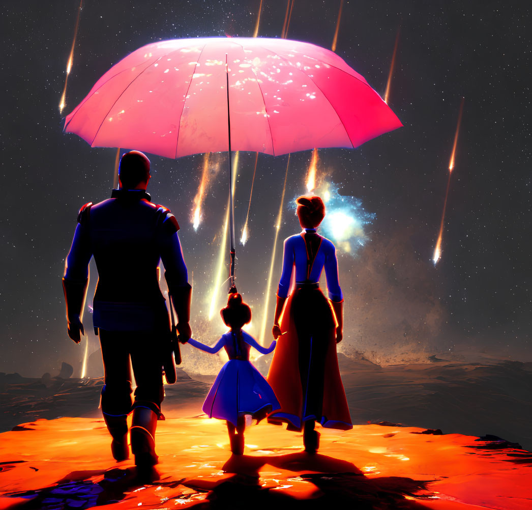 Martian Colonist Family Watching A Meteor Shower