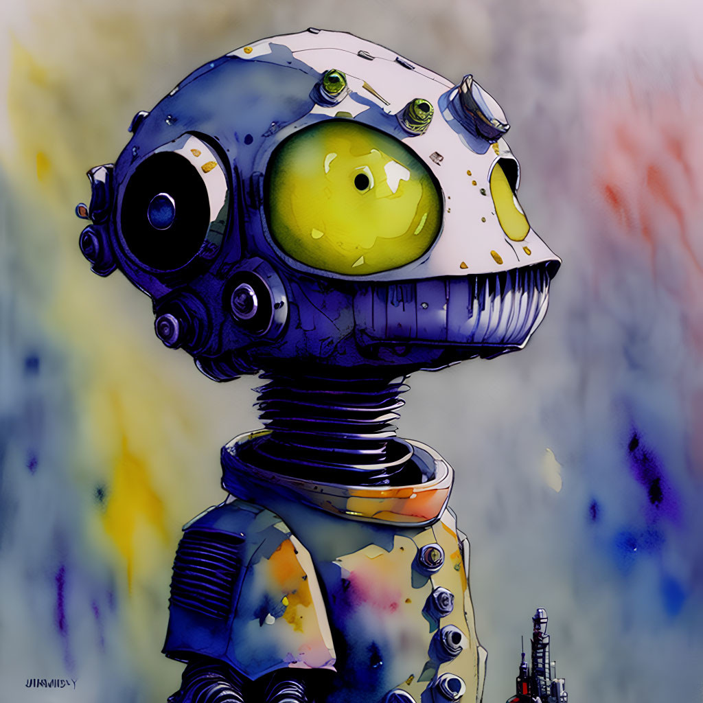 Illustrated robot with yellow eye and helmet head on abstract background