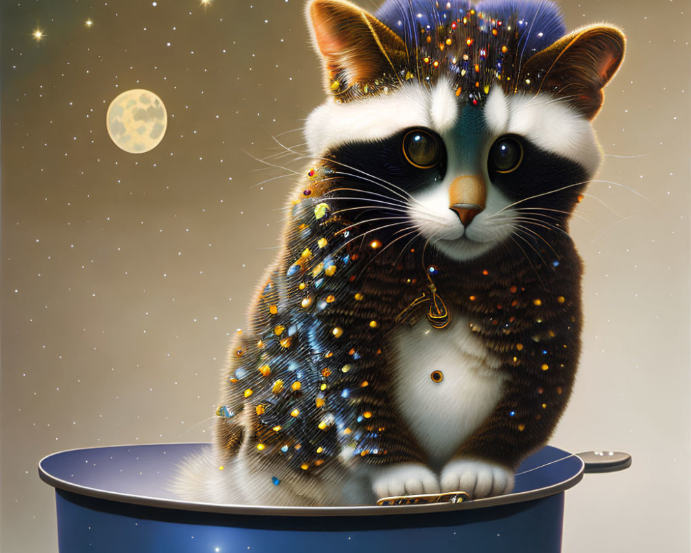 Whimsical cat digital art with sparkling fur and starry sky elements