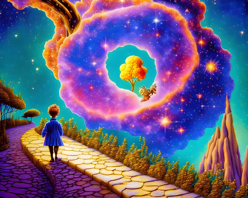 Person on Path Gazes at Fiery Tree in Cosmic Scene