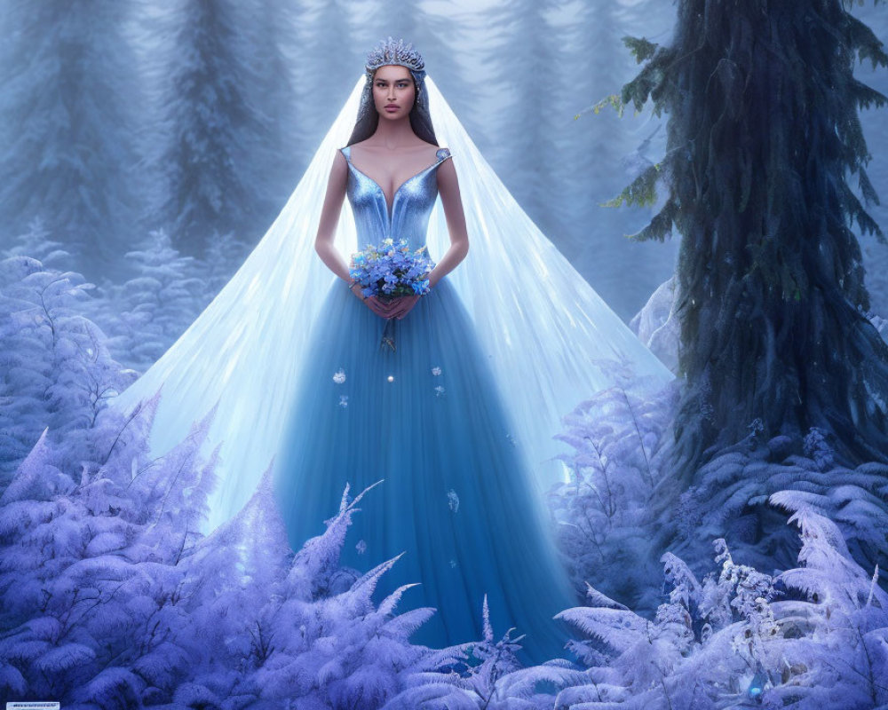 Woman in Blue Gown with Diadem in Snowy Forest Holding Blue Flowers