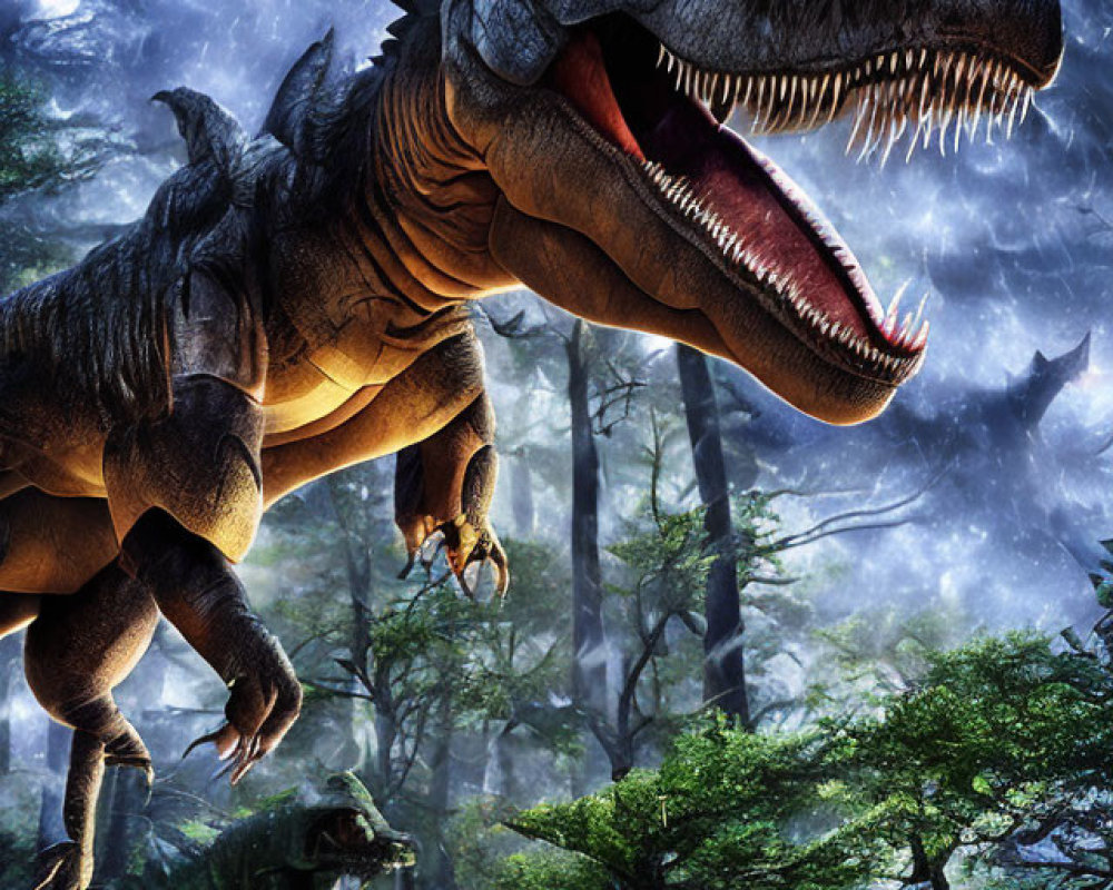 Roaring Tyrannosaurus Rex in Misty Prehistoric Forest