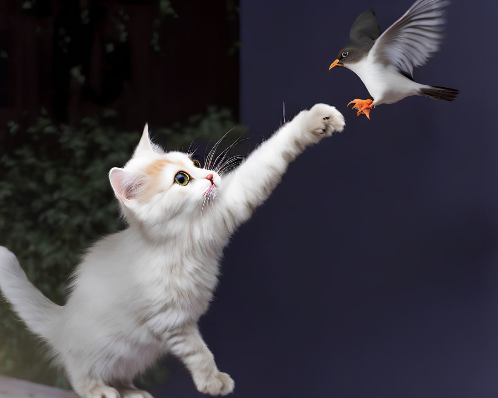 Fluffy White Kitten Reaching for Flying Bird in Blurred Background