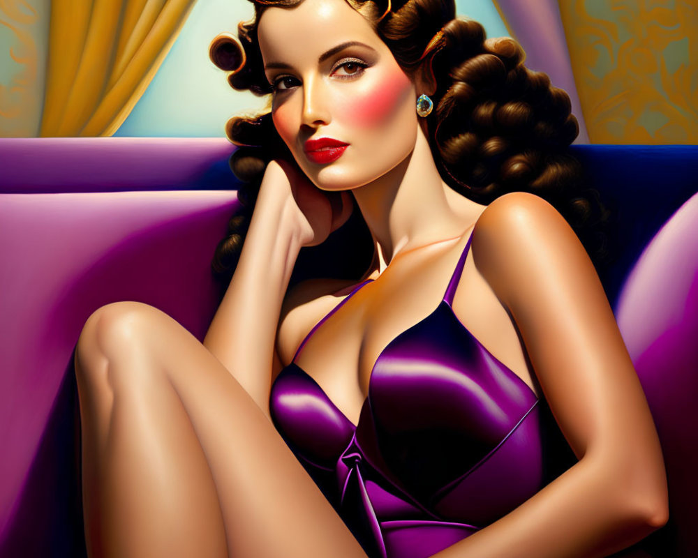 Vintage Glamor Style Woman Sitting on Purple Couch in Silky Dress