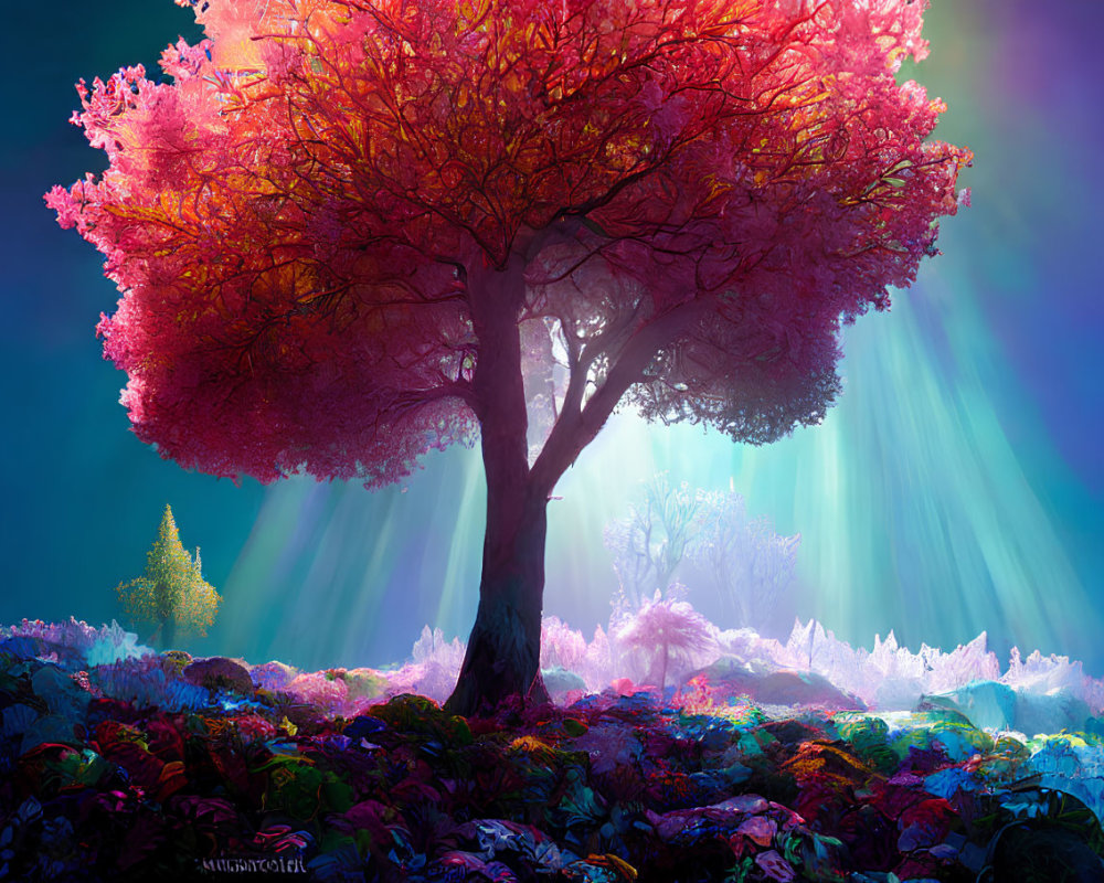 Colorful artwork: Majestic tree with pink foliage in mystical landscape