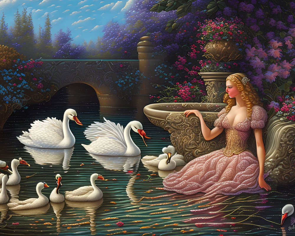 Tranquil woman in pink dress by pond with swans and lush flora