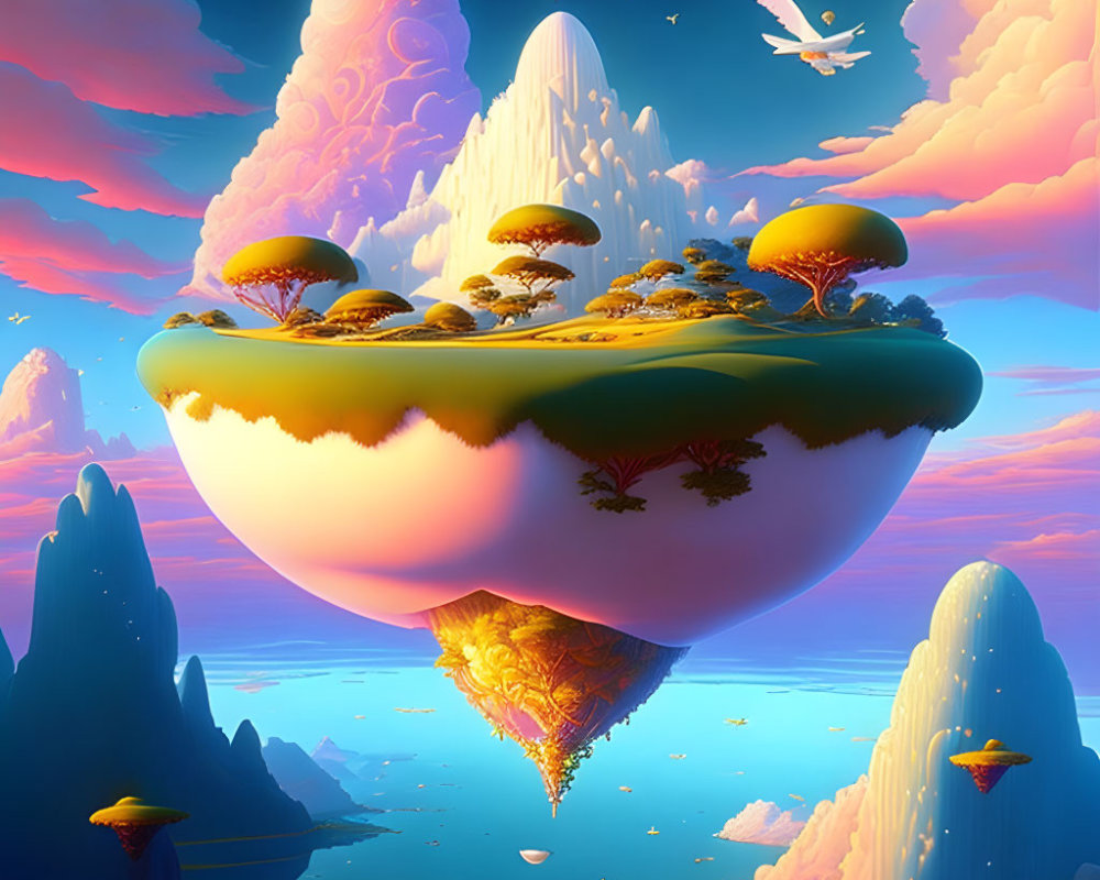 Surreal floating island with mushroom trees and vibrant sky