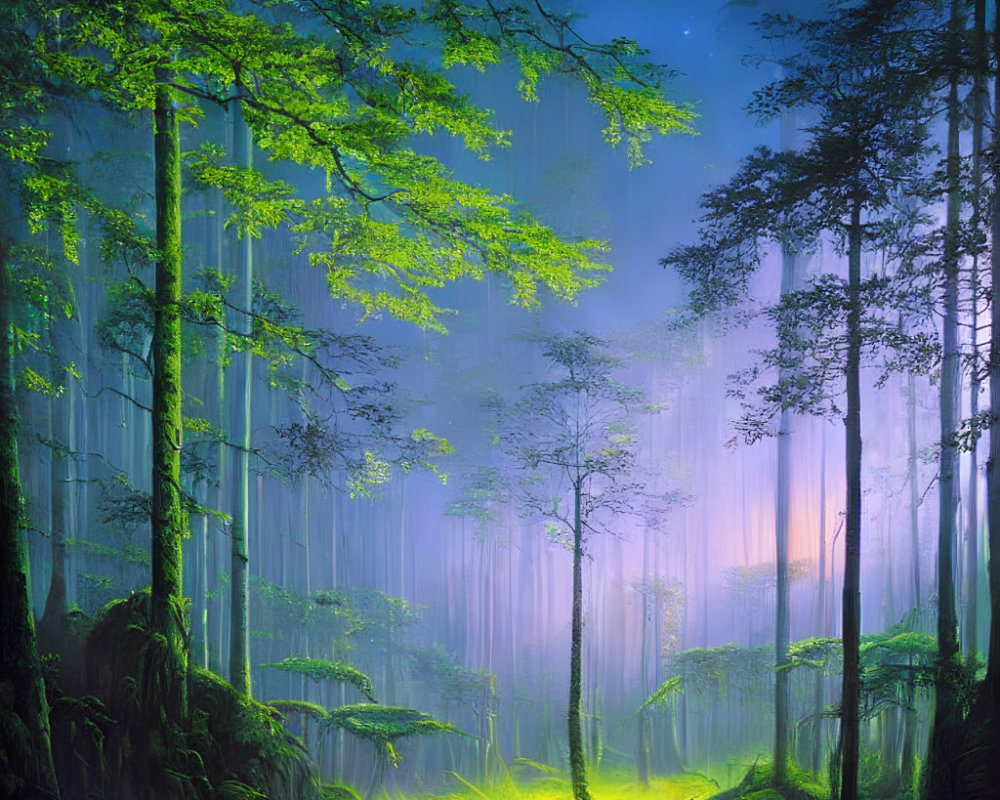 Enchanting night scene: tall trees, glowing green clearing, starlit misty canopy