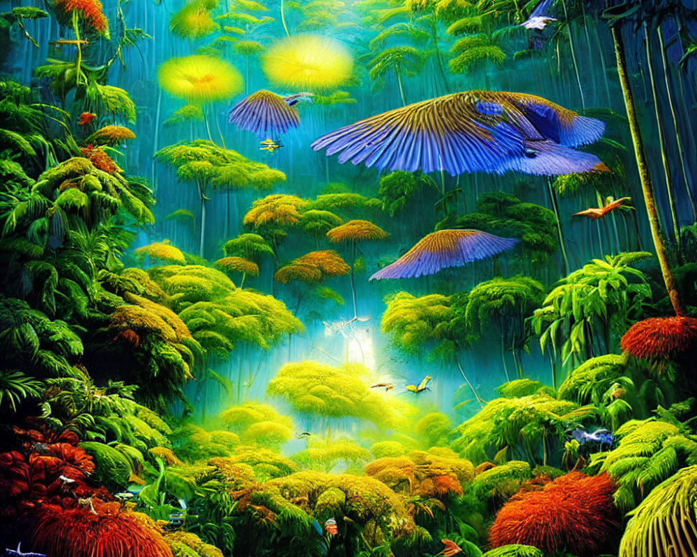 Lush forest with vibrant flora, sunbeams, and ethereal birds