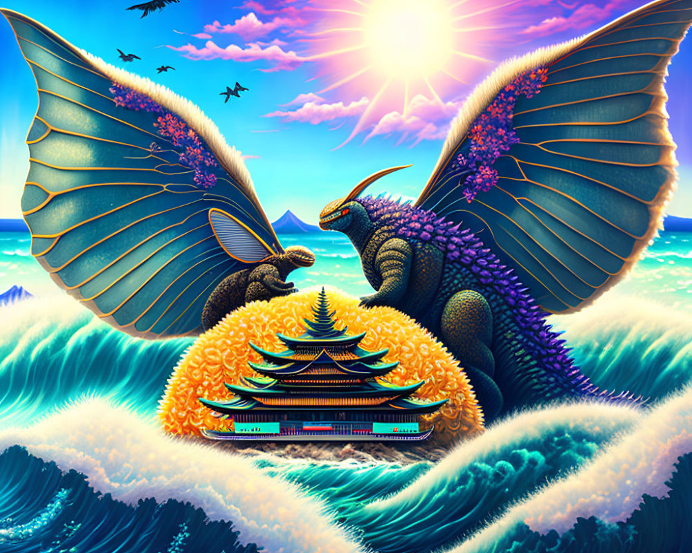 Majestic dragons and Asian pagoda in vibrant fantasy art