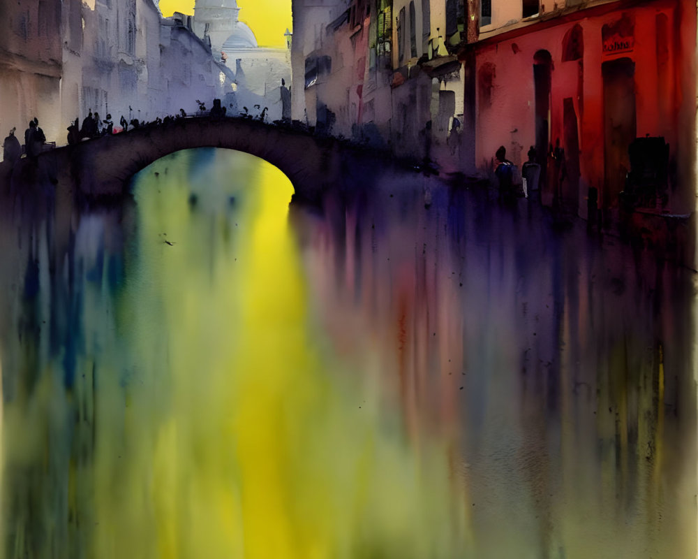 Cityscape watercolor painting with bridge, glowing lights, and long shadows