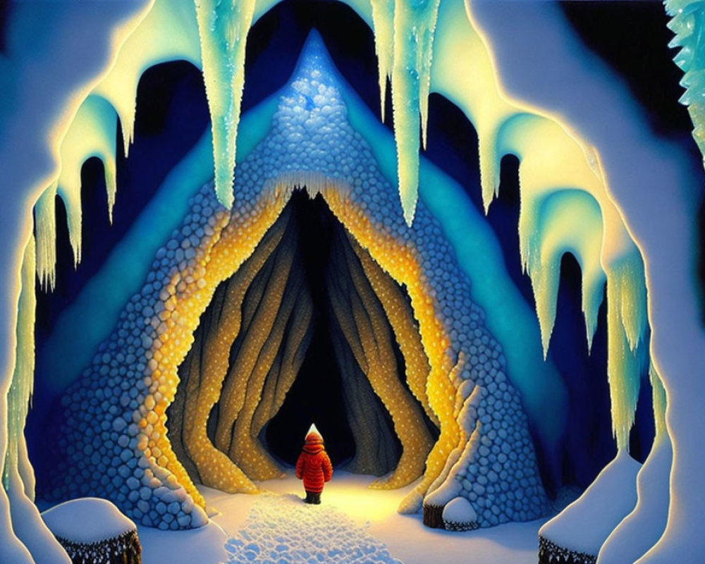 Vibrant Ice Cave Entrance with Person in Red Jacket