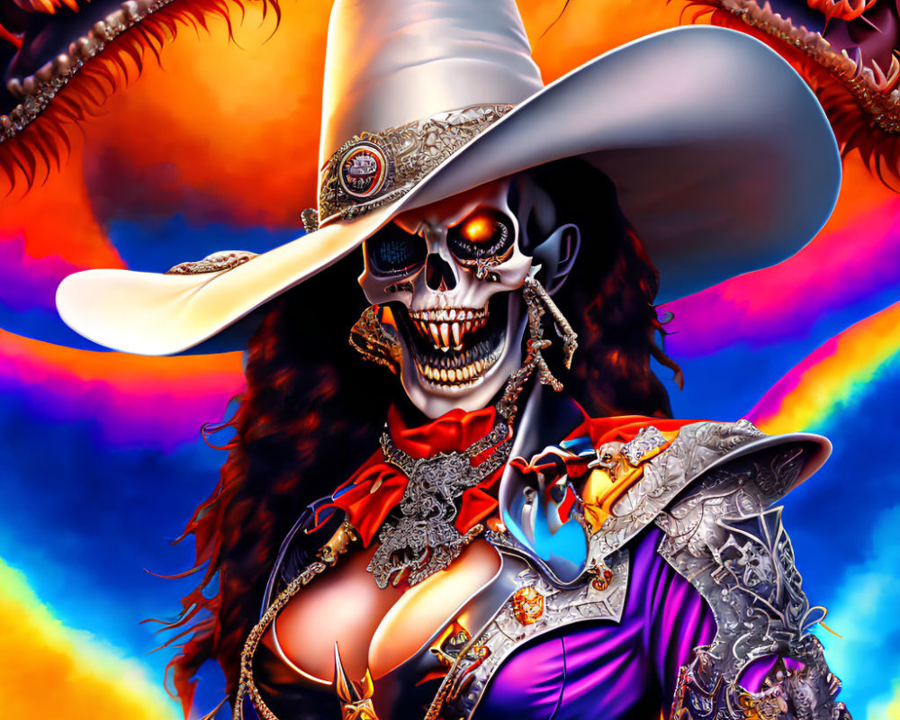Colorful Digital Artwork: Cowboy Skeleton with Fiery Eyes