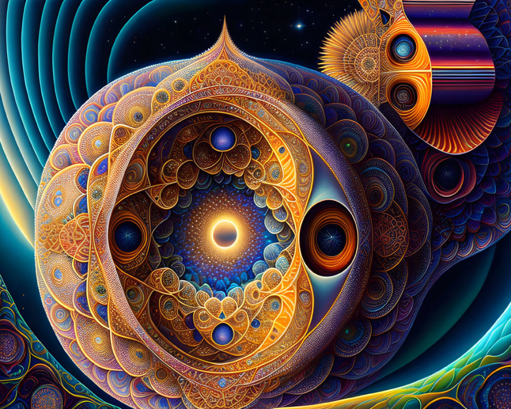 Colorful digital artwork with mandala designs and cosmic elements
