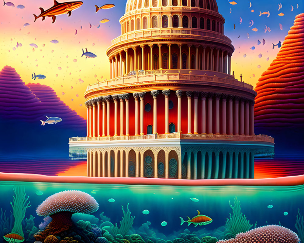 United States Capitol Building underwater with fish and coral reef.