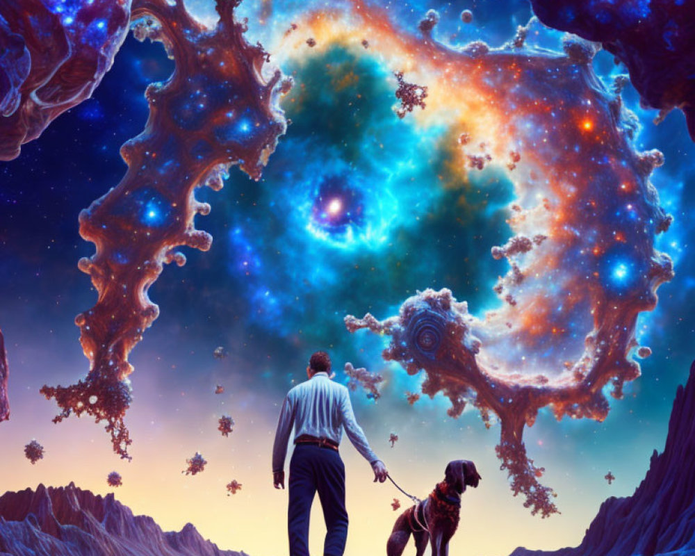 Man and dog admire surreal cosmic landscape