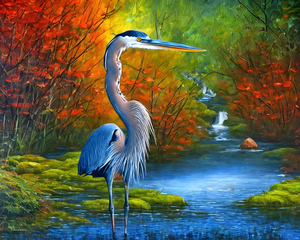 Graceful Great Blue Heron in Autumn Stream Scene