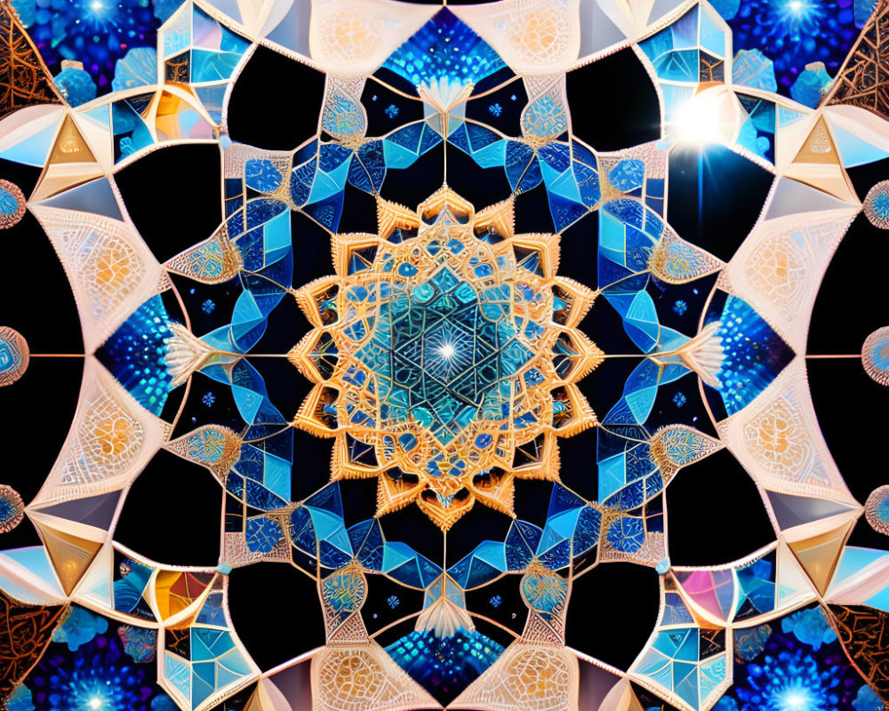 Symmetrical Islamic geometric art with blue and gold star motifs