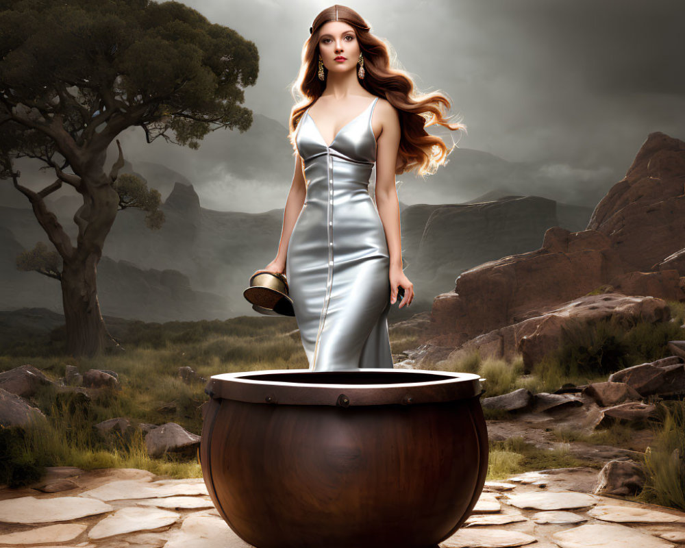Illustrated woman with long hair in cauldron on savanna landscape