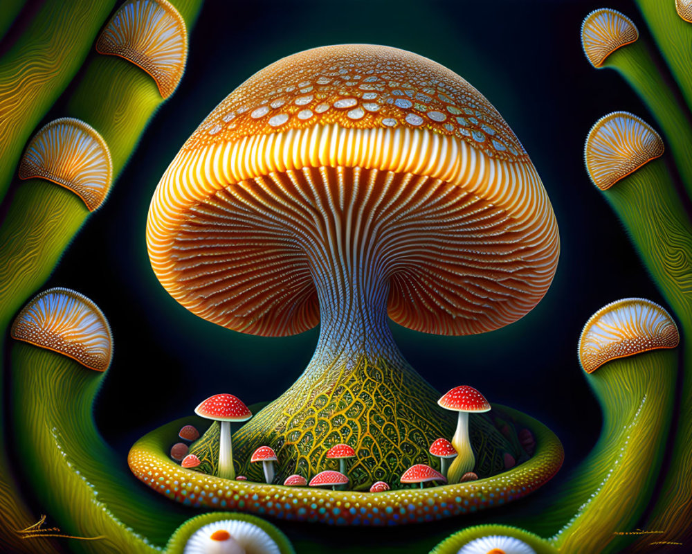 Detailed Mushroom Artwork on Black Background with Green Accents