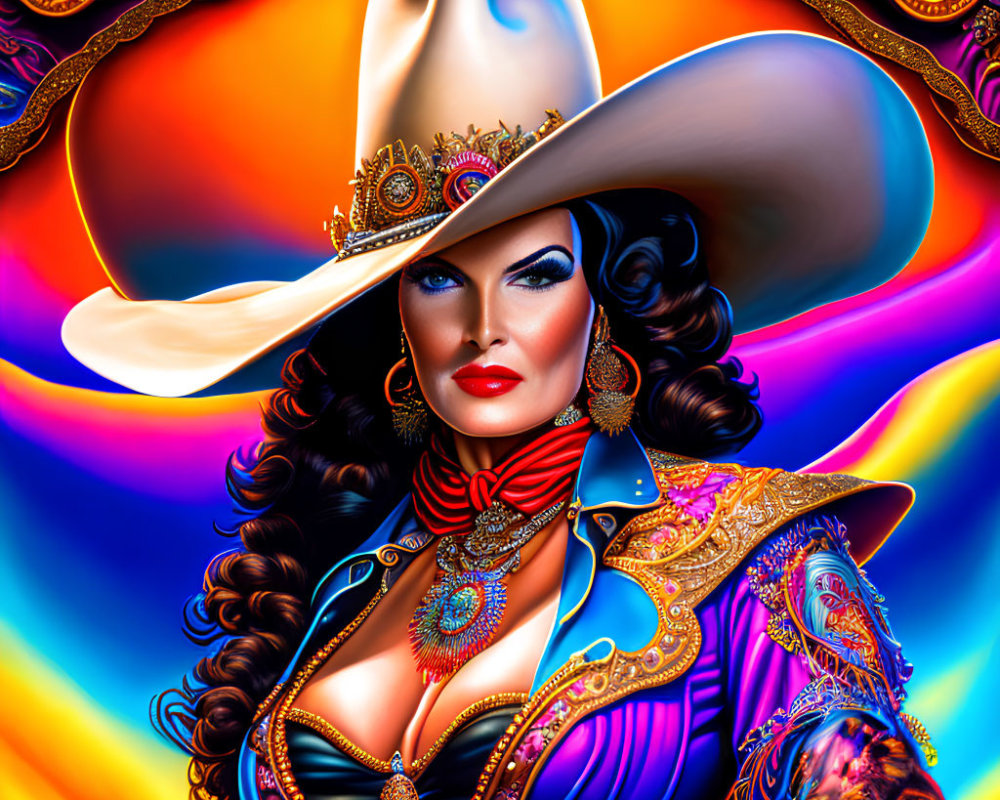 Colorful portrait of a woman in elaborate western attire with white hat and bold jewelry on psychedelic background