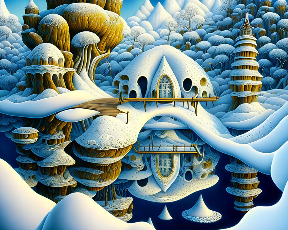 Surreal snow-covered landscape with whimsical architecture