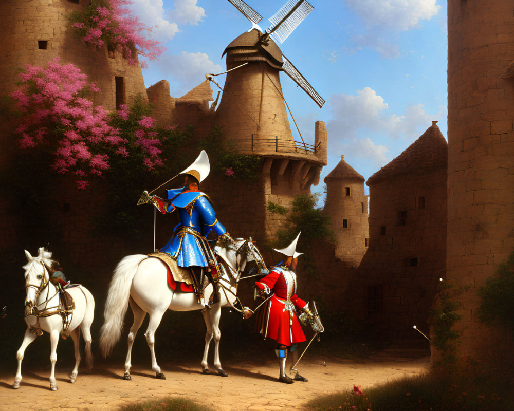 Medieval knight in blue armor on white horse with squire near castle ruins and windmill under clear