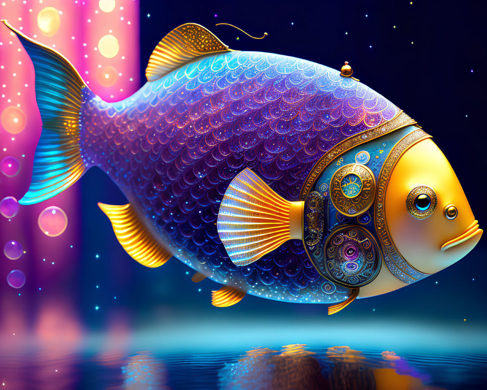 Mechanical fish illustration with gear details in underwater scene
