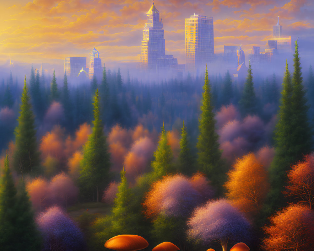 Colorful forest and cityscape artwork with oversized mushrooms and warm sunset.