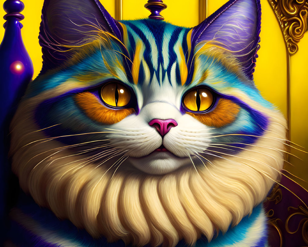 Colorful digital illustration of whimsical cat with orange eyes and blue/white stripes on golden background