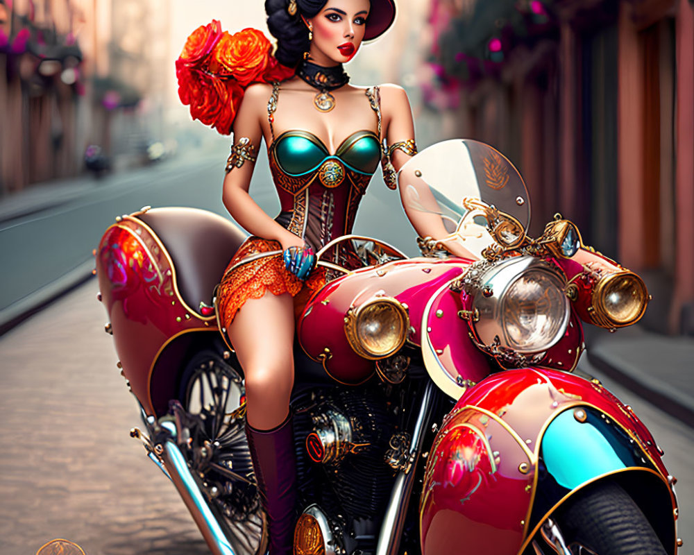 Steampunk-inspired woman on classic motorcycle in city setting