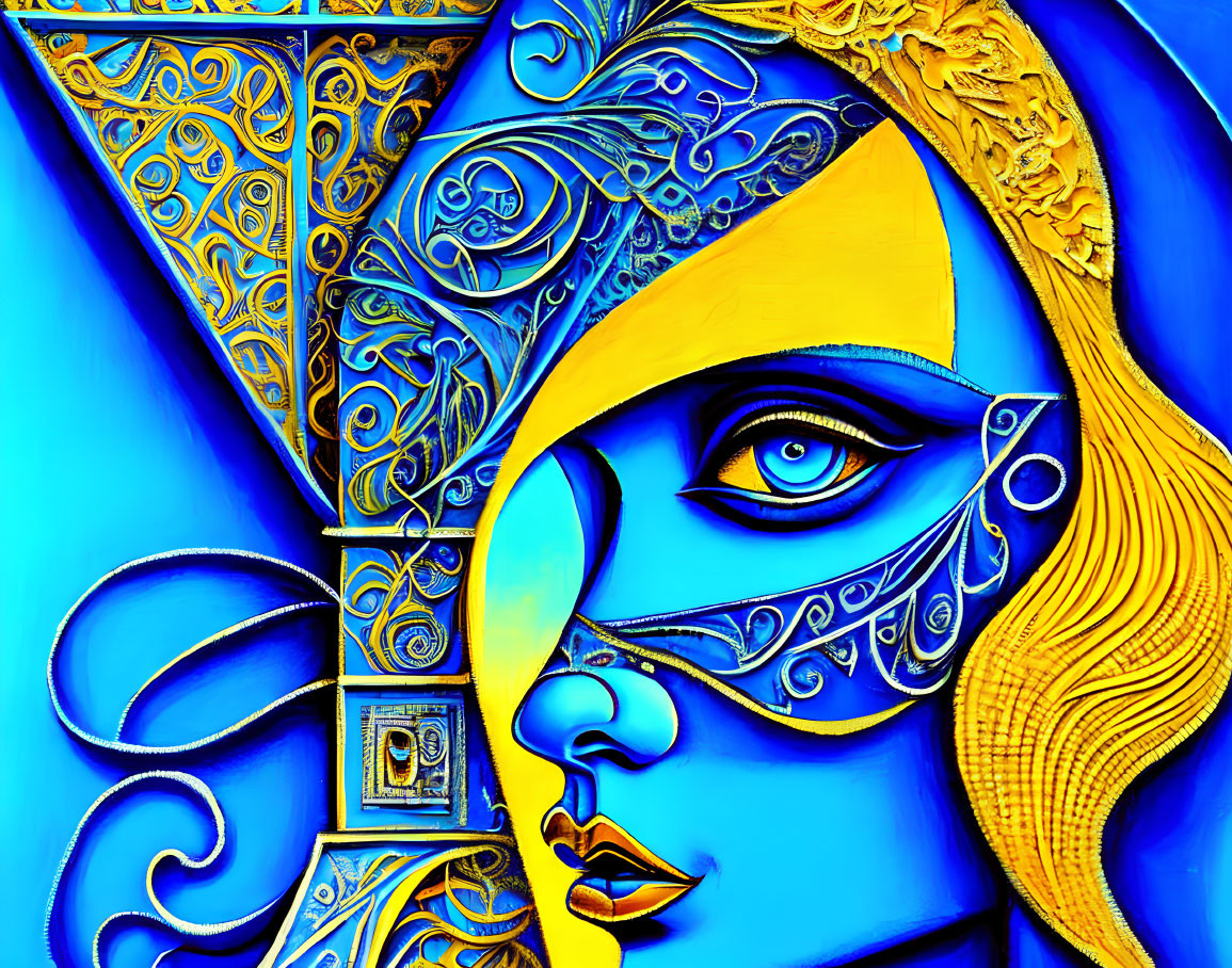 Vibrant blue and gold stylized female face with intricate patterns.