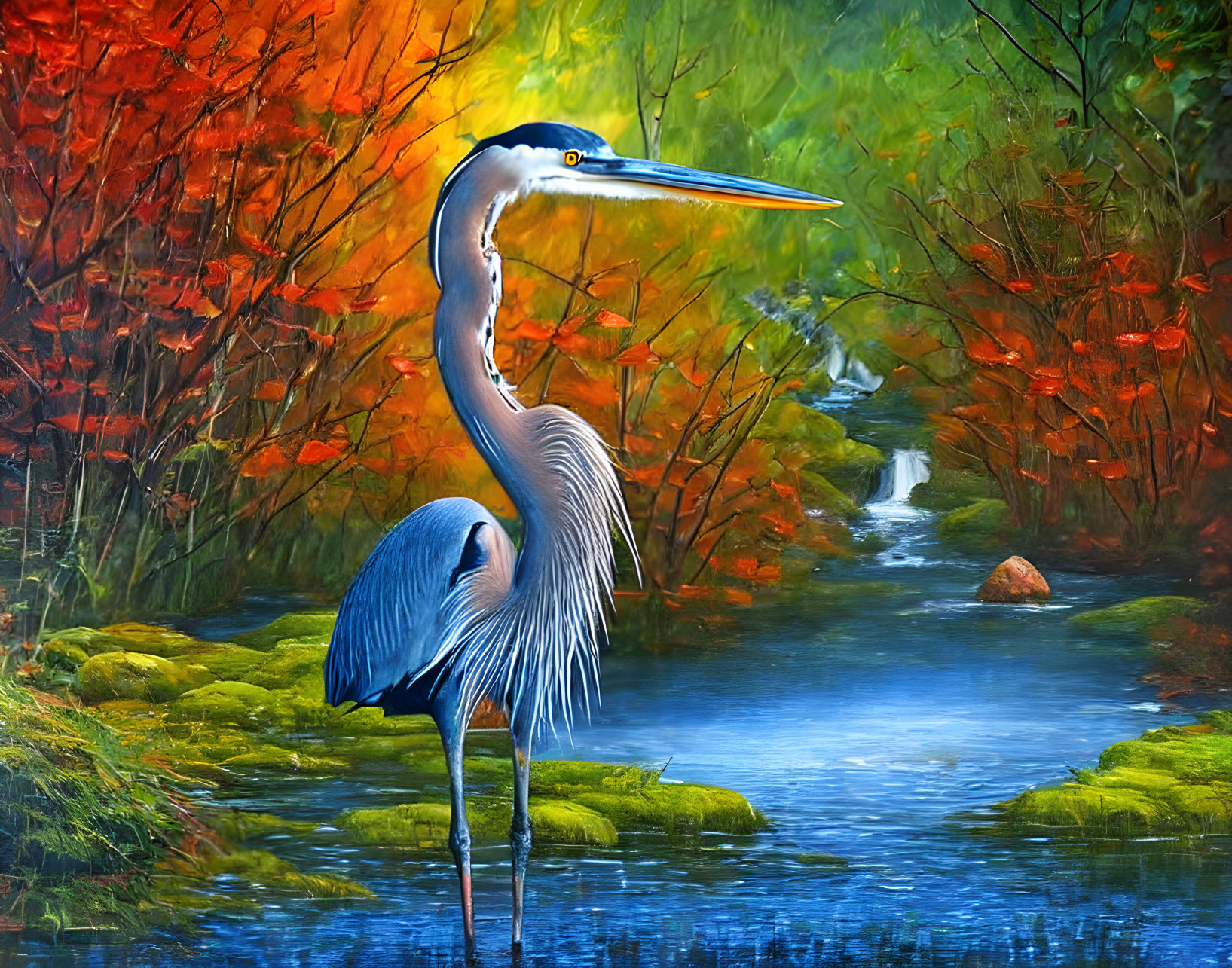 Graceful Great Blue Heron in Autumn Stream Scene