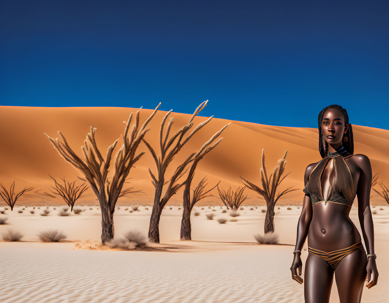 3D rendered image of woman in bikini in desert landscape