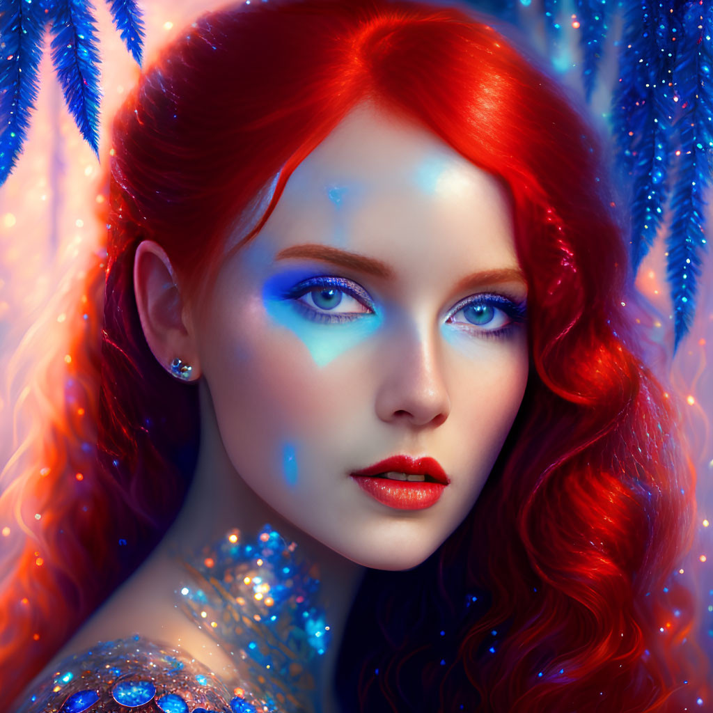 Vibrant red-haired woman with blue eyes and freckles on fiery icy backdrop