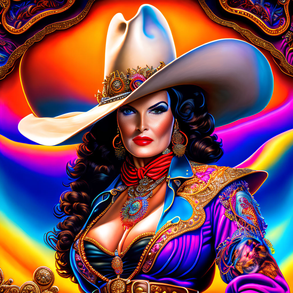 Colorful portrait of a woman in elaborate western attire with white hat and bold jewelry on psychedelic background