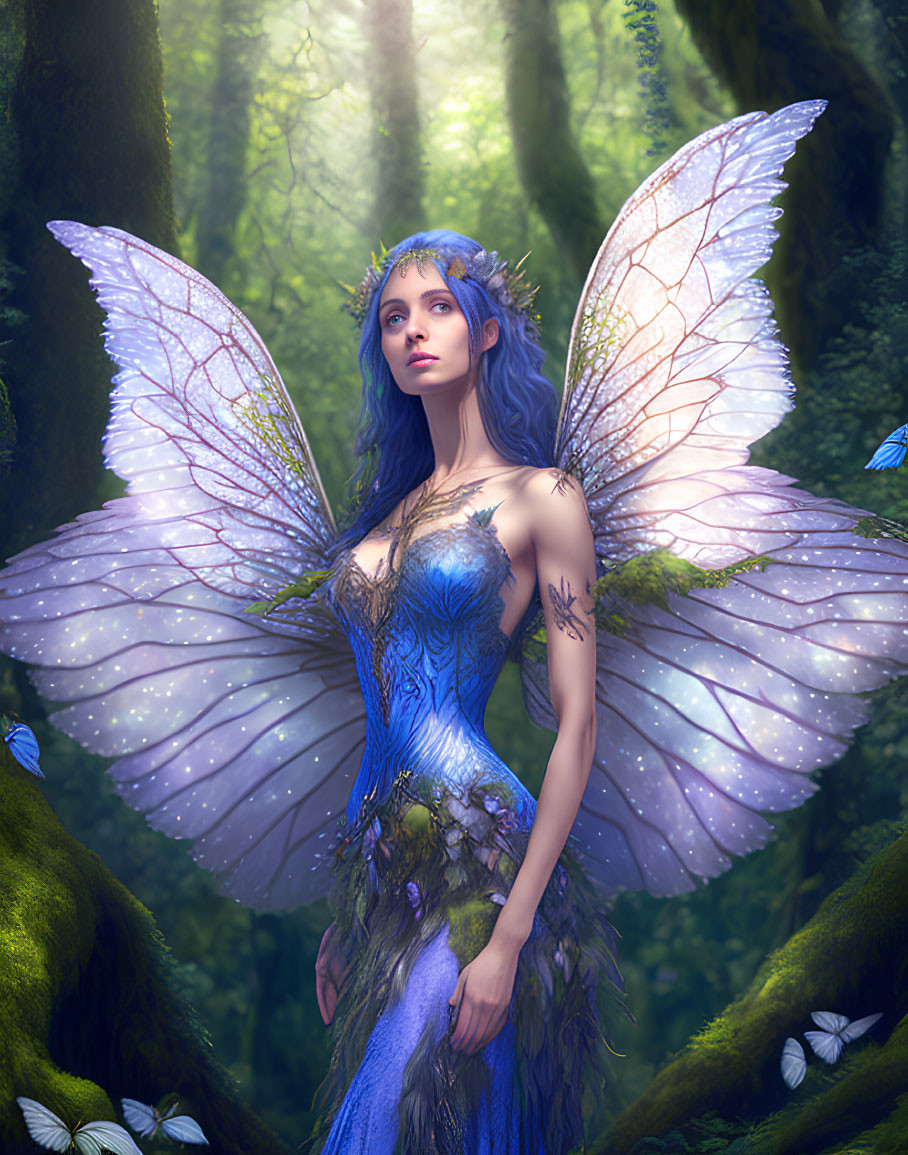 Digital Artwork: Fairy with Translucent Wings in Mystical Forest