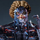 Futuristic female android with intricate details and neon blue helmet on starry background