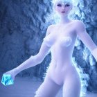 Fantasy digital artwork: Ice queen with white hair in frosty forest