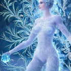 Illustration of woman with pale blue skin in icy blue robes in winter forest