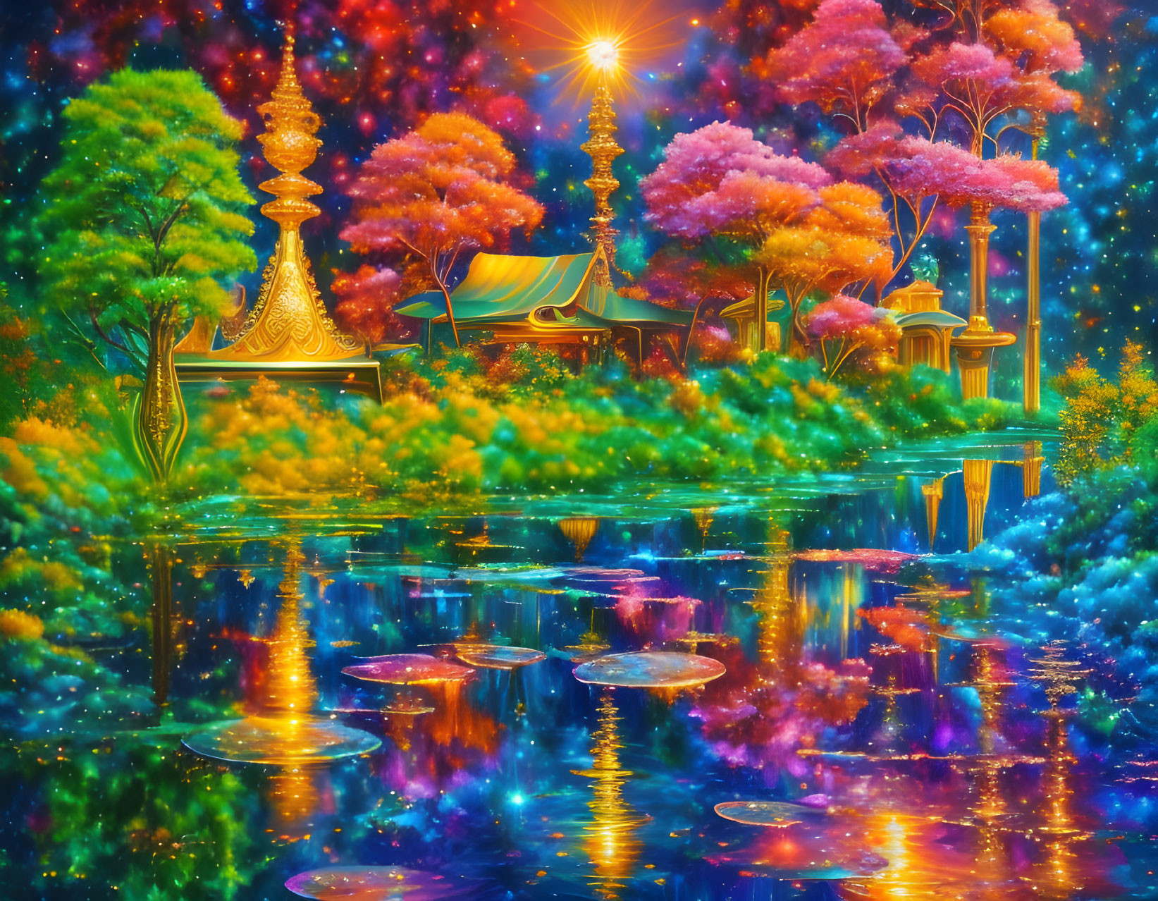 Colorful Neon Trees in Fantasy Landscape with Starry Sky and Reflective Water