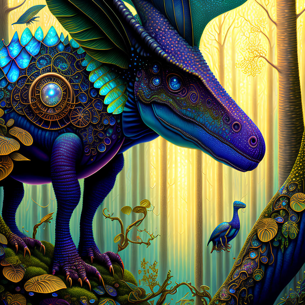 Colorful digital artwork: Blue ornate dinosaur in mystical forest